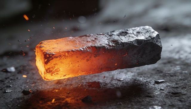 Glowing hot steel billet floating above forge floor with sparks and oxidized crust
