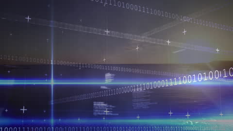 Digital Binary Code Flowing Over Serene Ocean Sunset Landscape