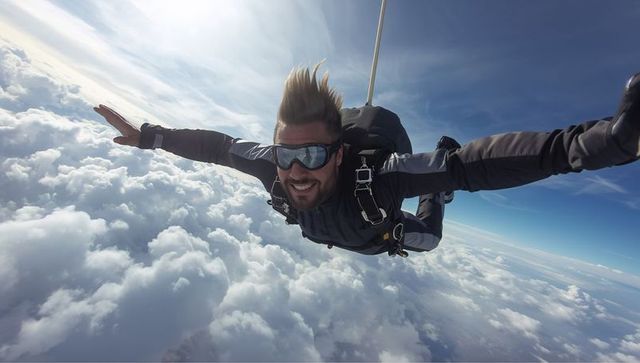 Male skydiver freefalling above clouds with goggles and harness smiling aerial adventure