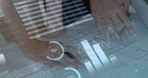 Team Analyzing Data with Digital Graph Overlays in Office