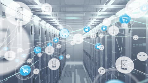 Icons and Connections Over Modern Data Center Servers