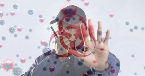 Pandemic control: man communicating with biohazard precision