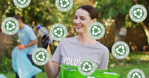 Volunteer Woman Collecting Litter in Park with Recycling Symbol Overlay - Download Free Stock Images Pikwizard.com