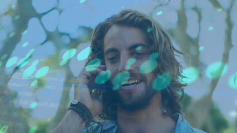 Caucasian Businessman Talking on Smartphone with Digital Data Overlay