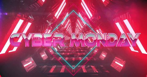 Glowing cyber monday tunnel featuring holographic diamond frame and floating neon cubes