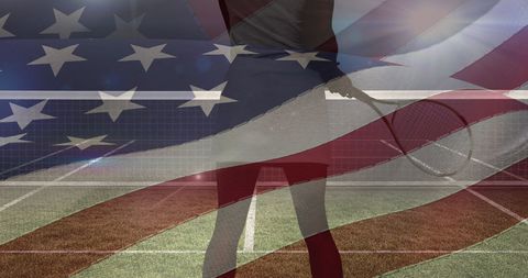 American Sportsmanship: Female Tennis Player with U.S. Flag Overlay