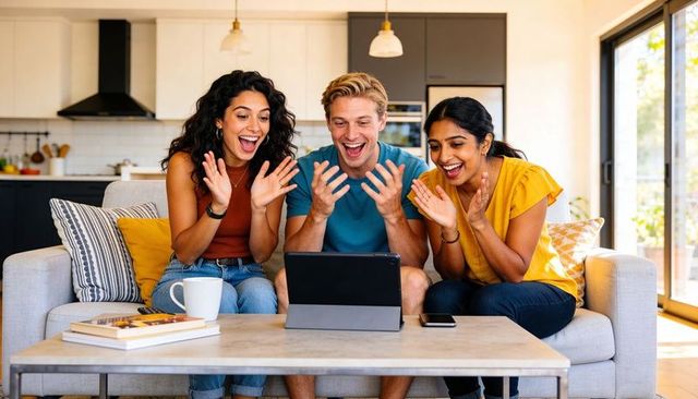Laughing friends cheering while watching tablet on cozy living room couch