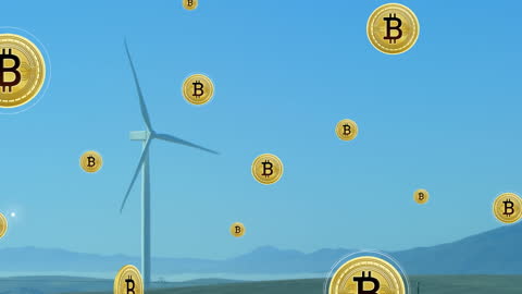 Bitcoin Icons Floating Around Wind Turbine Symbolizing Digital Finance