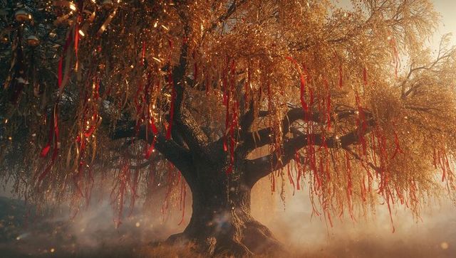 Mystical golden tree with red ribbons in foggy clearing