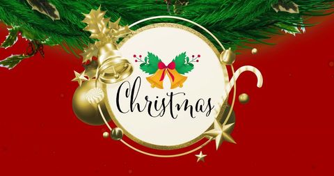 Golden Christmas Decorations and Festive Wreath on Red Background