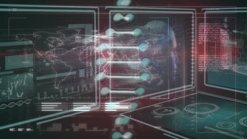 Futuristic Science Interface with DNA Strand and Global Data Visualization