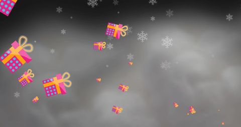Colorful Christmas Presents with Falling Snowflakes Background
