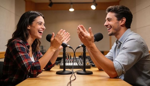 Laughing podcast hosts clapping and conversing in cozy recording studio with microphones