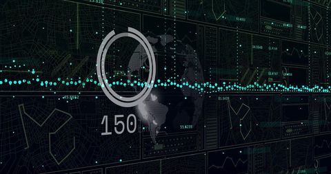 Global data monitoring dashboard with stylized globe, concentric gauge and cyan telemetry