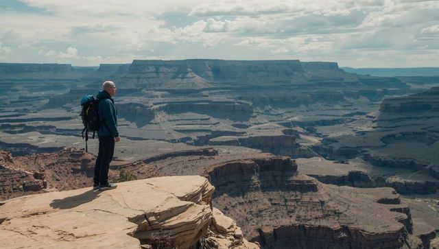 Solo hiker standing on sandstone ledge overlooking vast layered canyon and mesa panorama