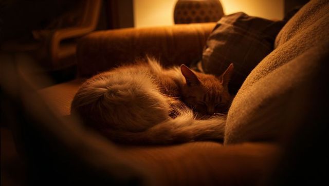 Sleeping ginger long-haired cat curling on cozy textured sofa with warm lamp glow