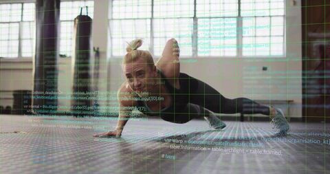 Female athlete performs one-arm push-up with futuristic code overlay