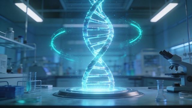 Holographic cyan dna double helix projecting over futuristic lab bench for genomics visualization