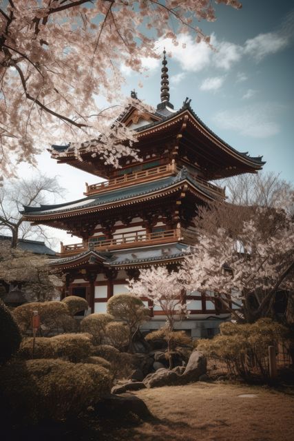 Cherry blossoms in full bloom surrounding traditional Japanese pagoda in tranquil Japanese garden. Showcasing cultural heritage and the beauty of nature in spring, perfect for promoting travel to Japan, cultural blogs, and zen meditation practices.
