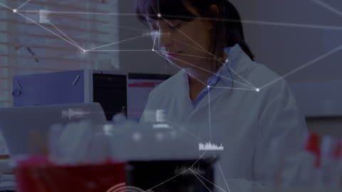 Female Scientist Working in Laboratory with Digital Network Overlay