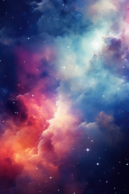 Nebula with stars and multicoloured clouds background, created using generative ai technology. Interstellar outer space, stars and galaxy concept digitally generated image.