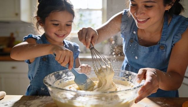 Mother and daughter baking together mixing batter in sunlit kitchen sharing joyful moment