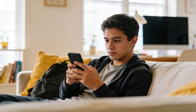 Young student using smartphone on sofa at home studying, browsing and relaxing