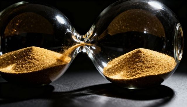 Golden hourglass trickling glittering sand through narrow neck with dramatic reflections