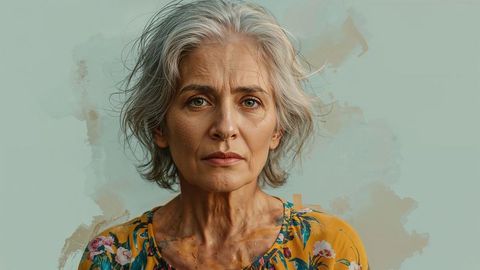 Old people with gray hair wearing yellow floral blouse