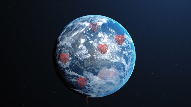 Animation depicts Earth with a network of heart markers. This visual metaphor combines environmental awareness with global connectivity. Perfect for themes involving love for the planet, international cooperation, and technological advancements in global connectivity.