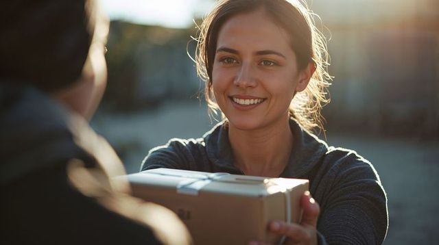Smiling young woman handing parcel in golden hour backlight urban delivery moment