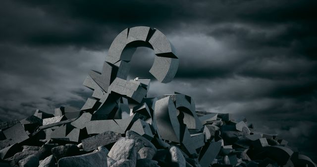 A large 3D question mark stands out amidst a pile of broken stone pieces, symbolizing confusion or a complex problem. The dramatic lighting and monochromatic tones add to the image's mysterious and thought-provoking atmosphere.