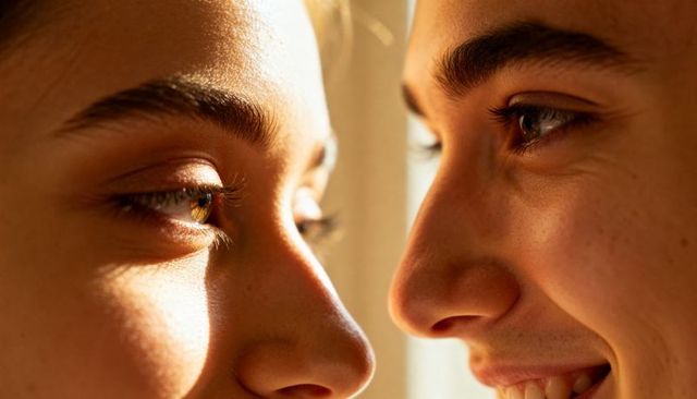 Sunlit intimate closeup of two teen faces touching noses showing freckles and emotion