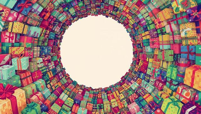 Colorful gift tunnel forming circular frame with stacked wrapped presents and bows