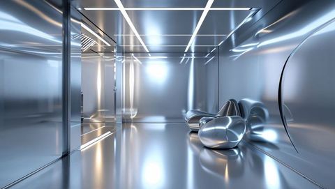 Futuristic Metallic Room with Innovative Sculptures