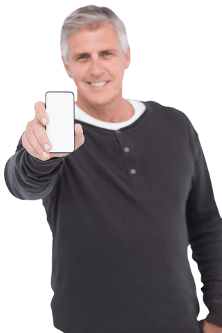 Senior man in black shirt displaying transparent smartphone screen