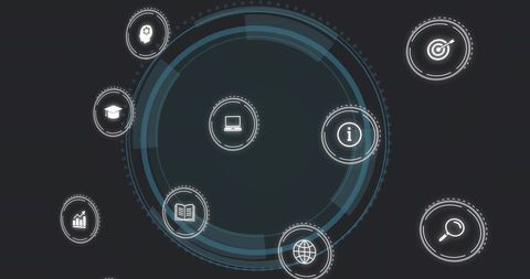Futuristic HUD Interface With Concentric Neon Rings, Tech Icons and Data Visualization