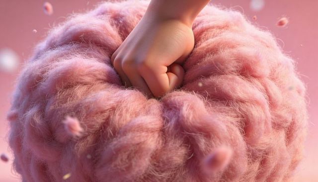 Hand pressing into fluffy pink cushion macro closeup showing soft fibers and texture