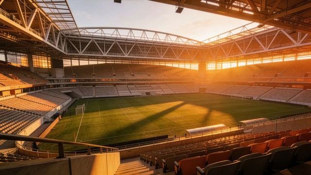 Empty modern soccer stadium bathed in golden sunset light, panoramic arena interior