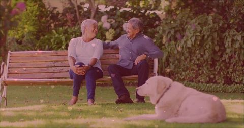 Senior Couple Enjoying Peaceful Moment with Dog in Garden