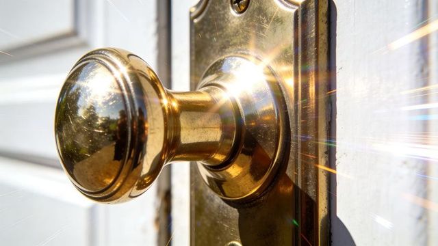 Brass doorknob catching sunlight and lens flare on white paneled exterior door