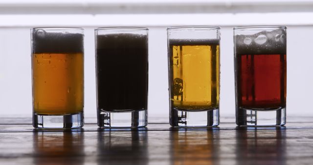 Collection of different beer types in glasses displaying various colors and foam levels on a wooden surface. Ideal for use in articles about brewing, pubs, bars, or alcoholic beverage marketing materials.