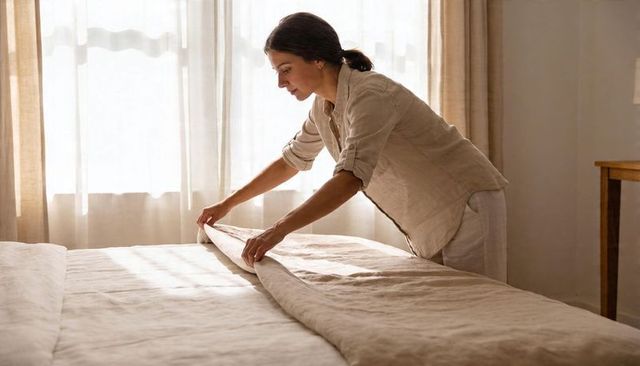 Woman folding linen duvet on sunlit minimalist bedroom bed for calm morning routine