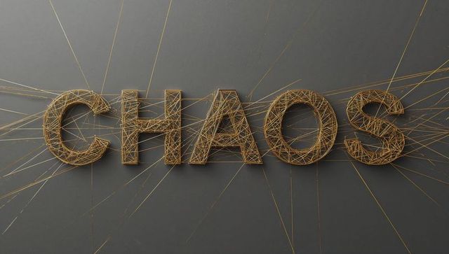 Chaos spelling in gold string on dark wall, geometric metallic letters radiating threads
