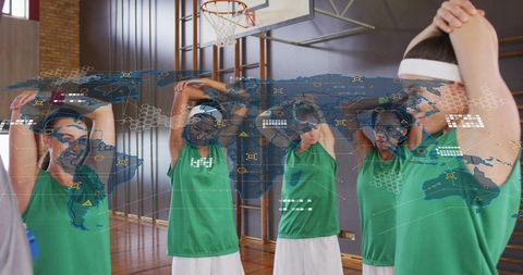 Athletes Stretching Near Basketball Hoop with HUD Overlay on Global Map