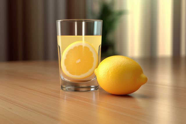 A refreshing glass of lemon water placed on a wooden table next to a whole fresh lemon. Ideal for use in blogs or advertising that focuses on health and wellness topics, promoting hydration, and natural beverages.
