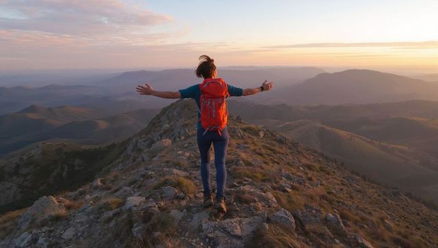 Hiker Embracing Summit View at Golden Hour on Narrow Rocky Ridge