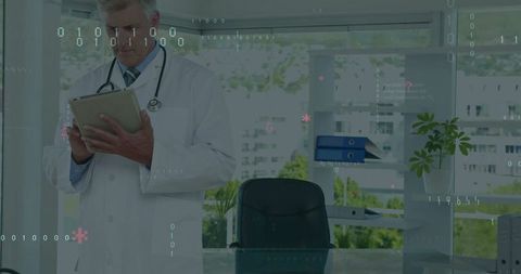 Doctor Reviewing Patient Data on Tablet in Modern Medical Office