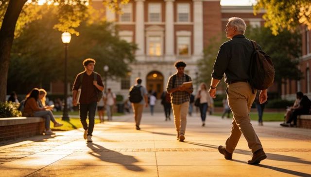 Senior academic walking across sunlit university quad at golden hour with backpack