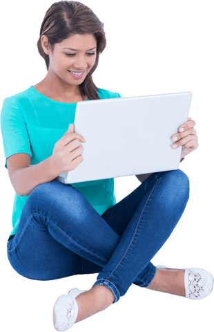 Smiling Woman in Casual Outfit Using Laptop on Transparent Background - Download Free Stock Videos Pikwizard.com